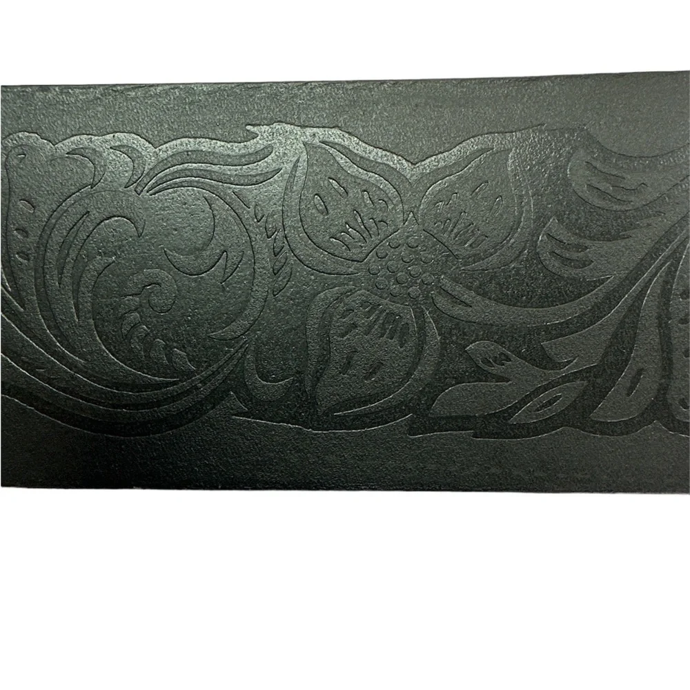 Genuine Leather Women’s Black Embossed Floral Silver Buckle Belt Medium